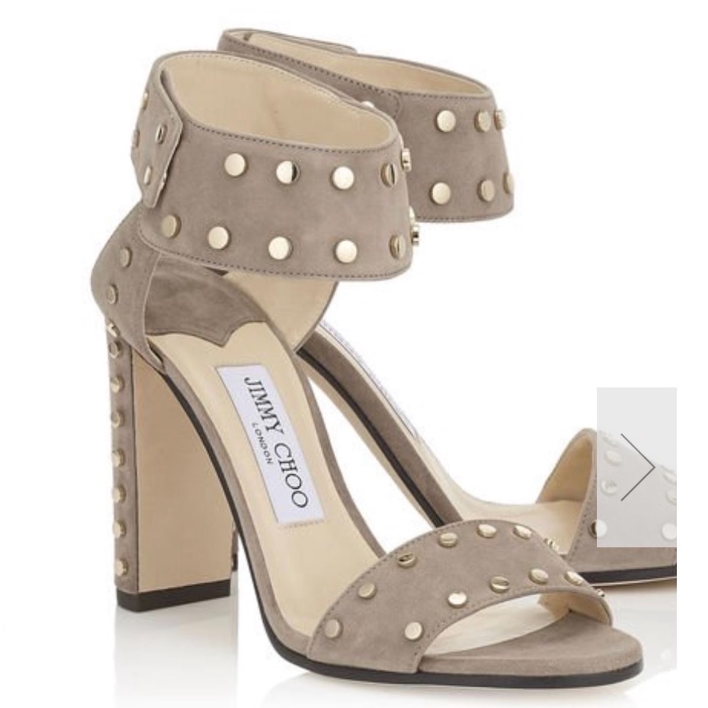 Jimmy Choo VETO 100  Light Mocha Suede Sandals with Gold Studs